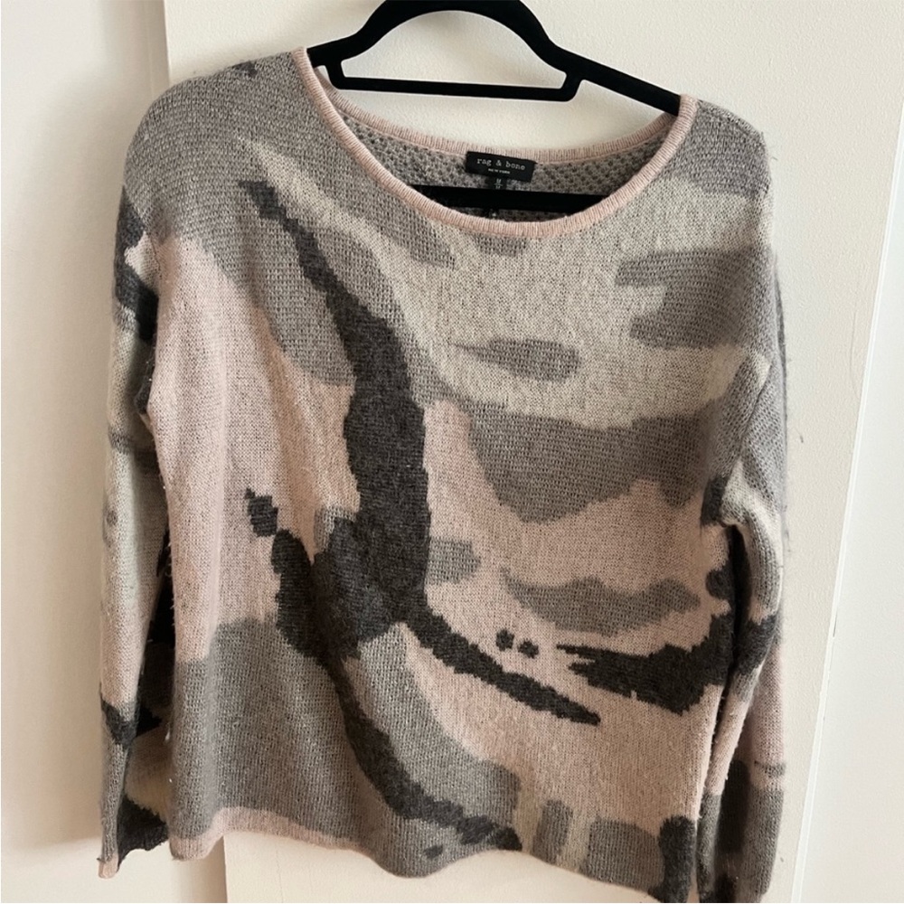 Rag & Bone Camo Grey Sweater with Pink Trim